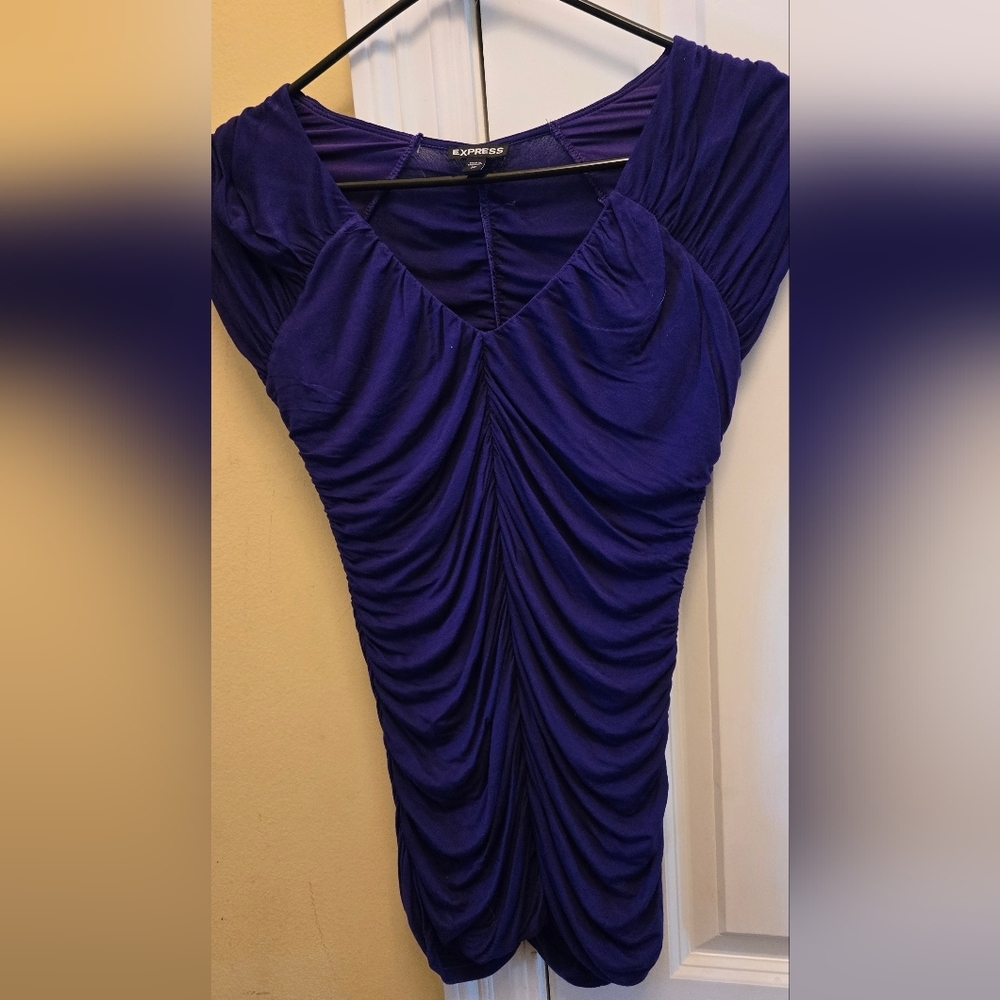Express Women's Purple Ruched V-Neck Bodycon Blouse Ruffle Contemporary
